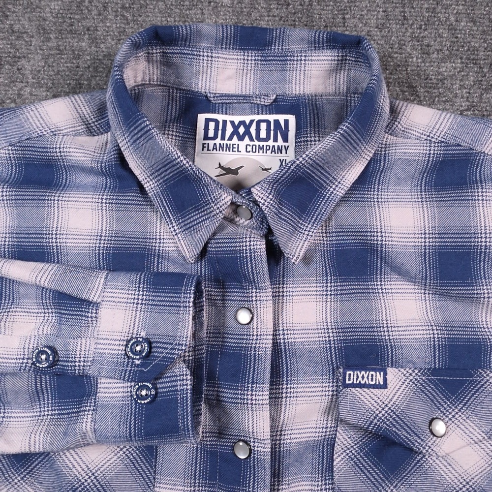 Dixxon Flannel Company The Midway Shirt Womens XL Blue Plaid Pearl Snap Cozy
